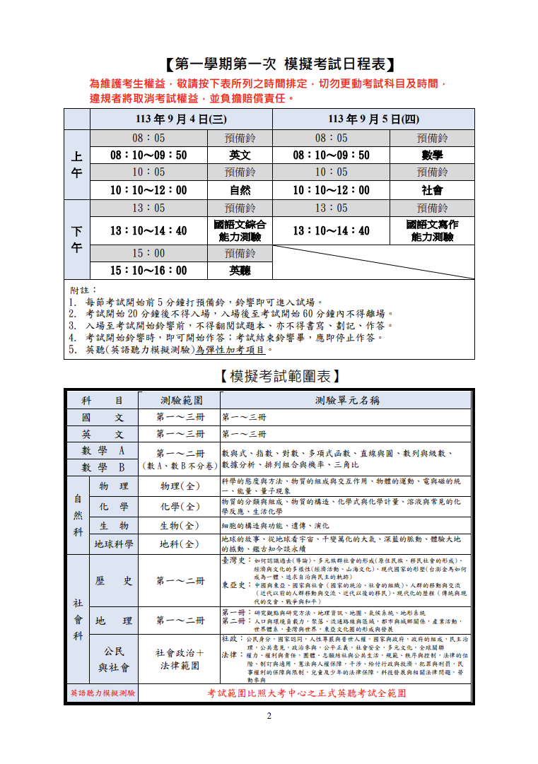 113學年度第一次學測模考