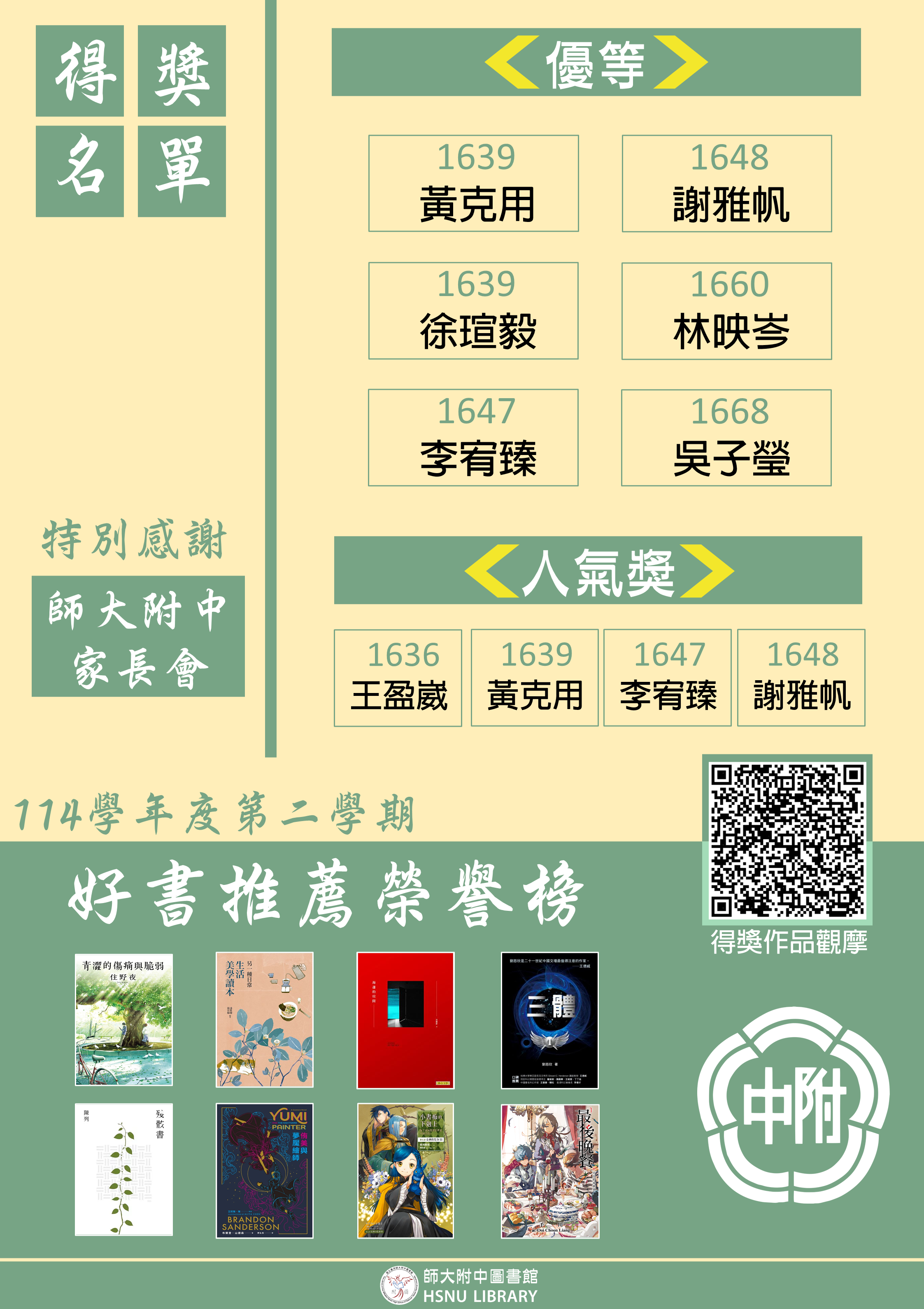 1142好書推薦榮譽榜,【優等】1639黃克用.1648謝雅帆.1639徐瑄毅.1660林映岑.1647李宥臻.1668吳子瑩;【人氣獎】1636王盈崴.1639黃克用.1647李宥臻.1648謝雅帆