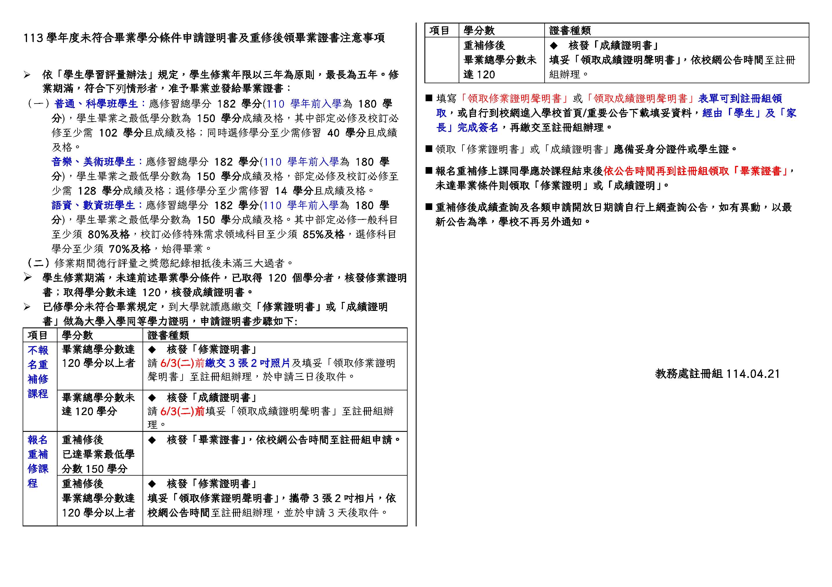 113學年未符合畢業學分條件申請證明書及重修後領畢業證書注意事項