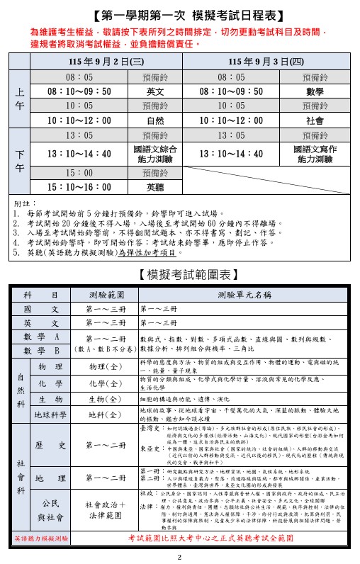 115-1 第一次學測模考日程表