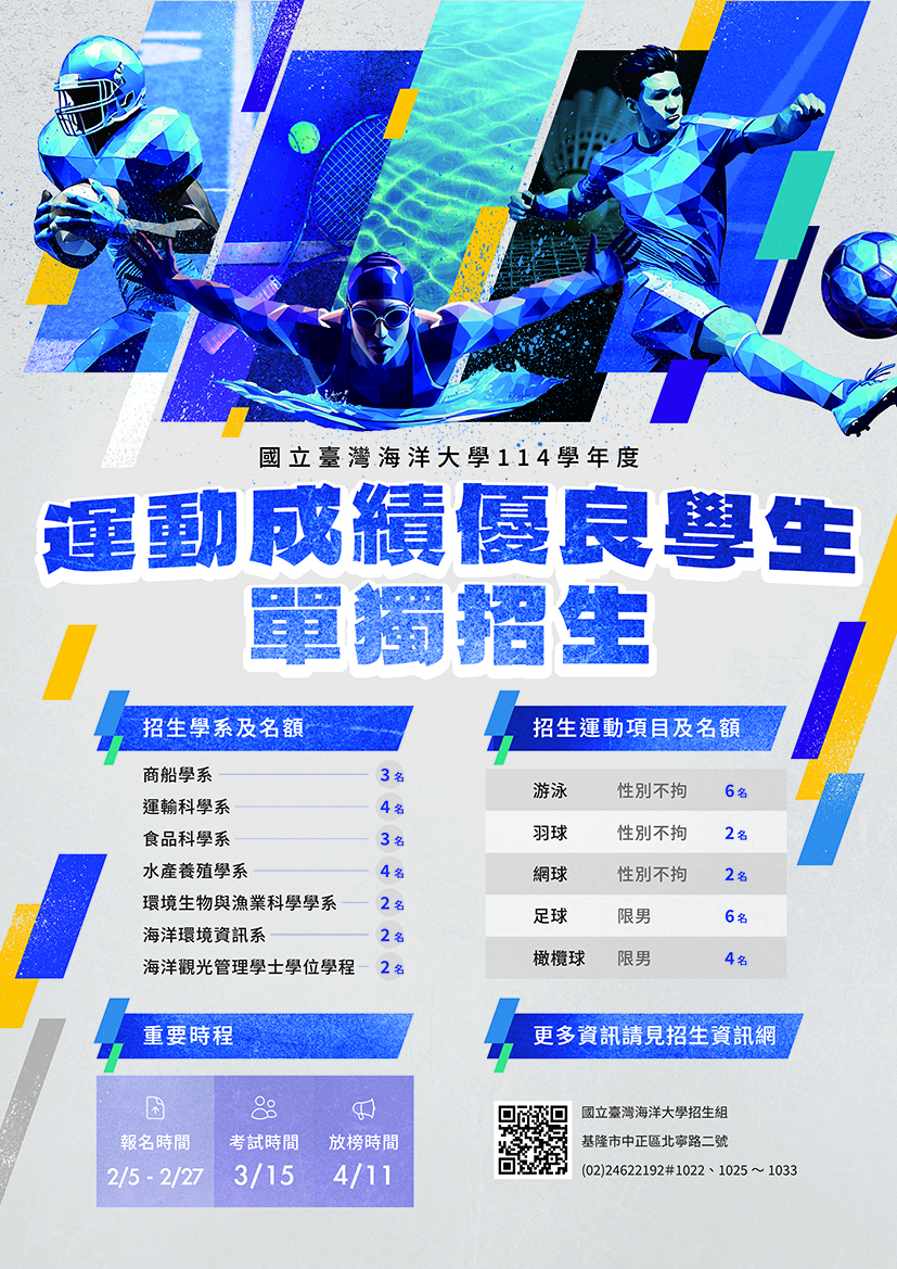 國立臺灣海洋大學「114學年度運動成績優良學生單獨招生」資訊